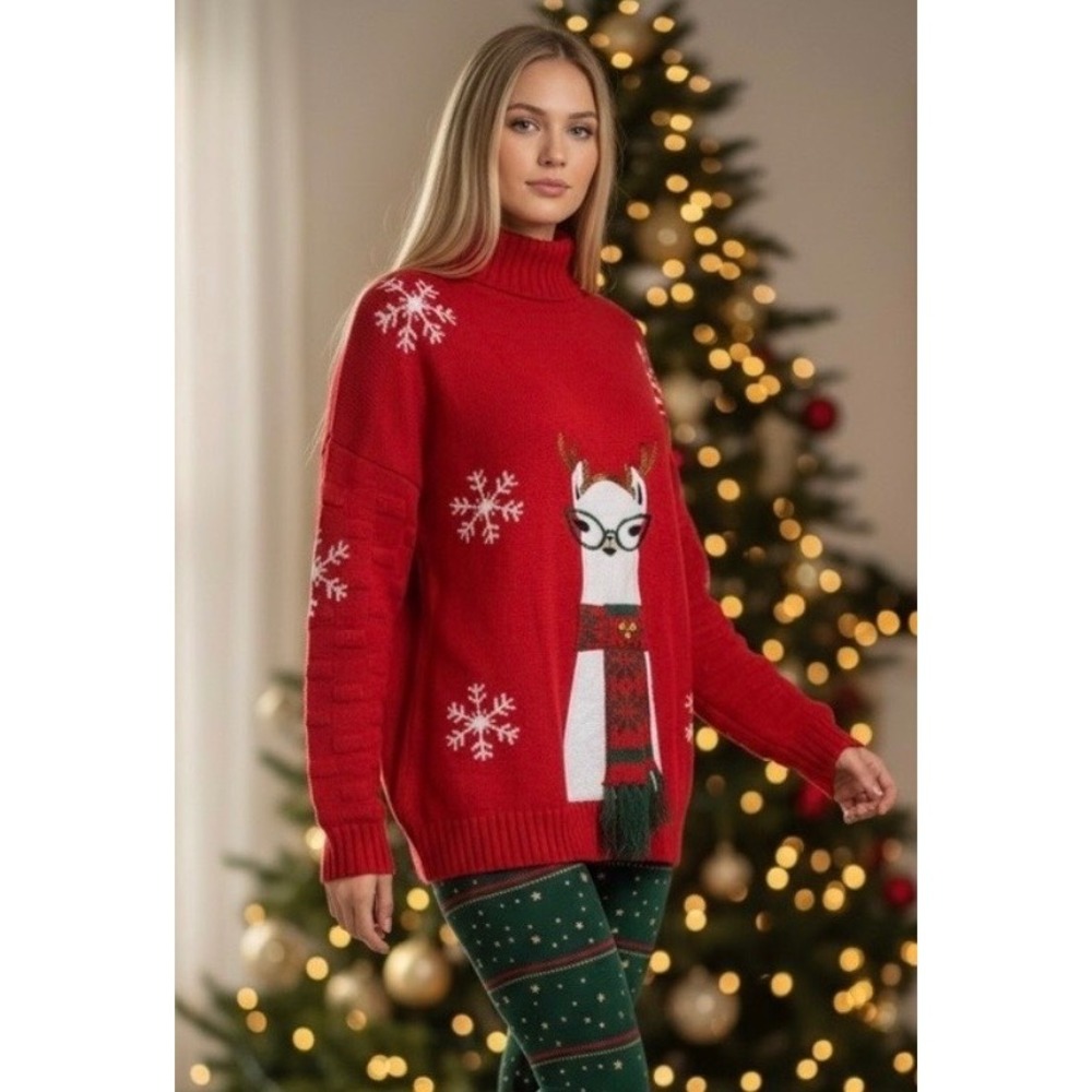 NEW Red Llama Snowflake Christmas Holiday Sweater XL‎ Novelty Knit